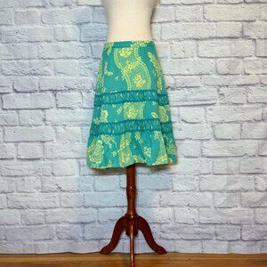 Anthropologie Odille Teal & Chartreuse Paisley Knee-Length Skirt
